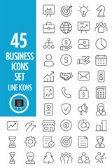 Collection of Forty Five Business Icons in Line Style Representing Various Aspects of Management and Corporate Strategy