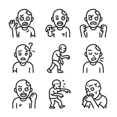 Zombie and Vampire Icons. Outline icon set of zombie emotions: fear, hunger, rage, confusion, slow movement, groaning, aggression,