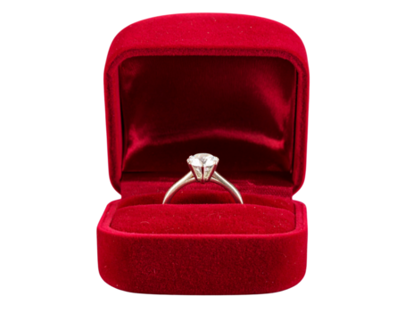 Classic Solitaire Diamond Ring in Deep Red Velvet Box, Front View, Isolated