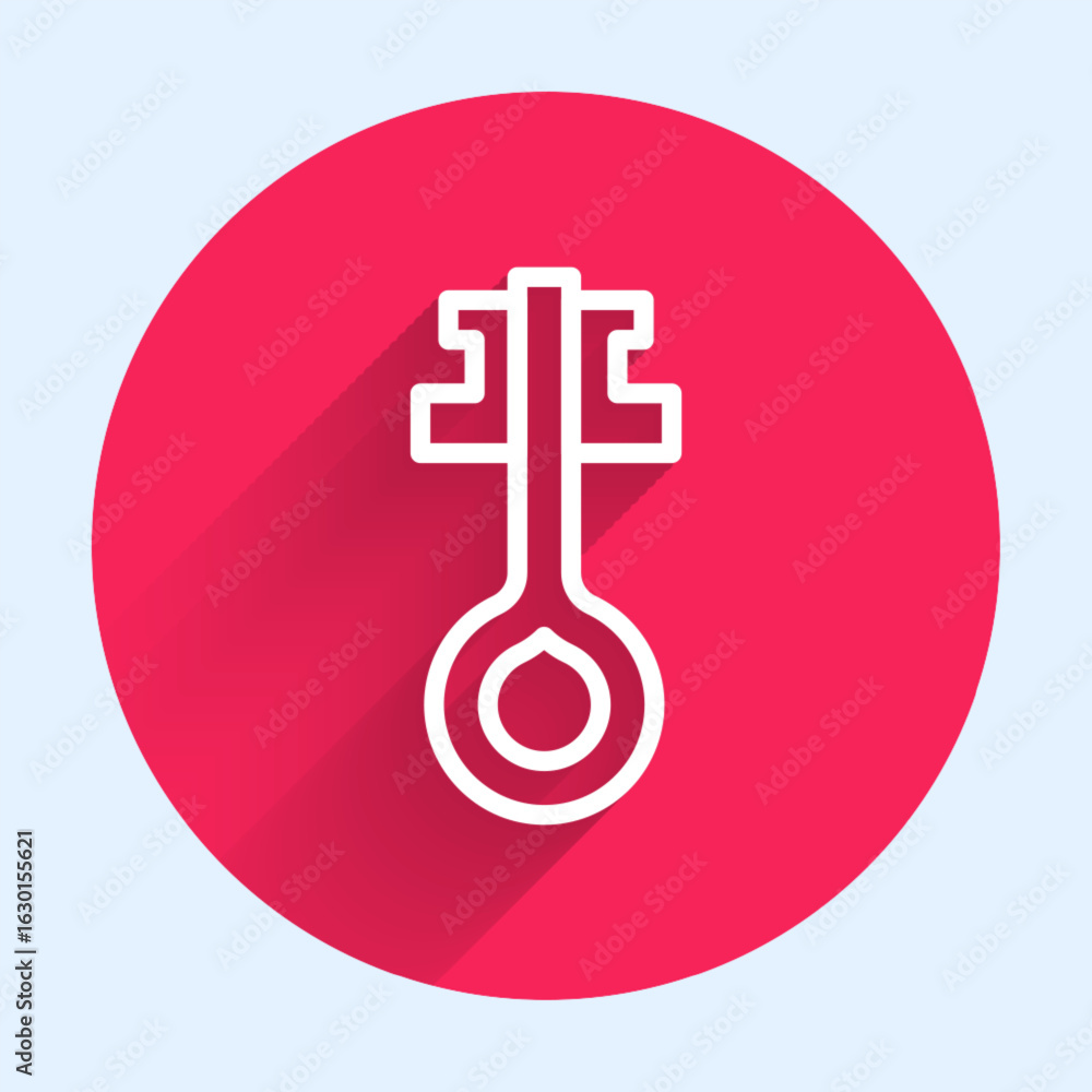 Poster white line old magic key icon isolated with long shadow background. red circle button. vector