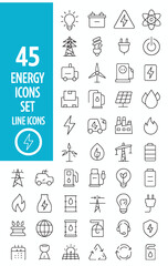 Collection of Forty Five Energy Icons Representing Various Energy Sources and Related Concepts with Simple Line Style on White Background