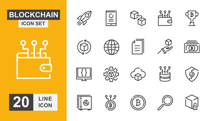 Blockchain icon set. Big data, virtual, technology, coding, investment, intelligence  and more line icon.