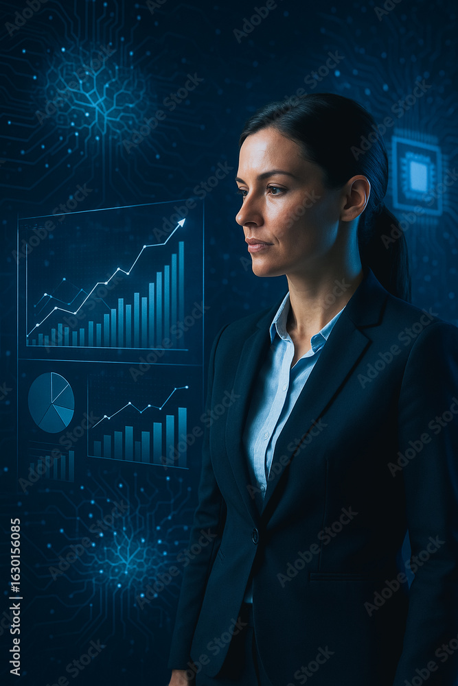 Poster data-driven visionary: a focused businesswoman, enveloped by a digital interface of intricate data s