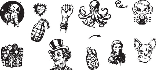 Adventure and Sea Doodle Set – Octopus, Anchor, Raised Fist, Pirate Theme, Nautical, Ocean Vibe, Exploration, Line Drawing, Doodle Style