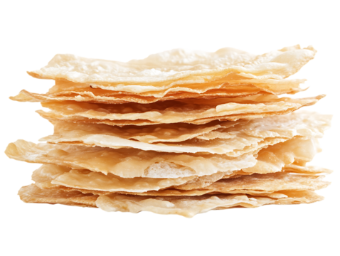 Stack of thin crispy crackers isolated on transparent background