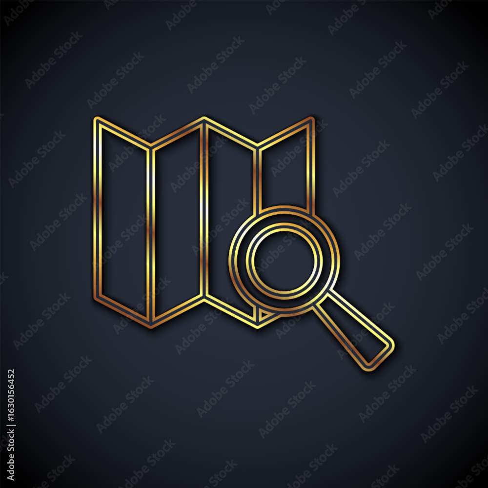 Poster gold line search location icon isolated on black background. magnifying glass with pointer sign. vec