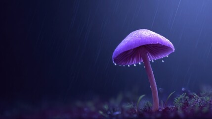 Vibrant Purple Mushroom in Rain with Water Droplets and Dark Background