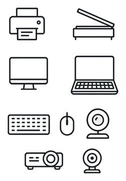Office Equipment Icons. Outline icon set of office equipment: printer icon, scanner symbol, desktop monitor,
