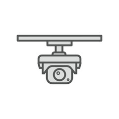 A simple line art icon of a gray, ceiling-mounted security camera used for video surveillance and safety.