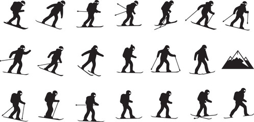 Skiing And Snowboarding Silhouette Collection With Mountains skier snowboarder