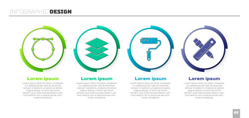 Set Circle with Bezier curve, Layers, Paint roller brush and Crossed ruler and pencil. Business infographic template. Vector
