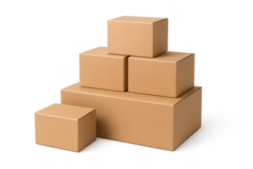 Stacked cardboard boxes forming a pyramid on transparent background