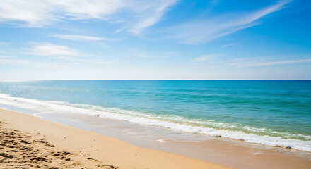 Obraz premium Idyllic seascape presenting the coast with turquoise water under a serene blue sky with soft