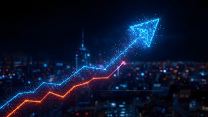 Futuristic neon arrow graph showing upward trend over cityscape