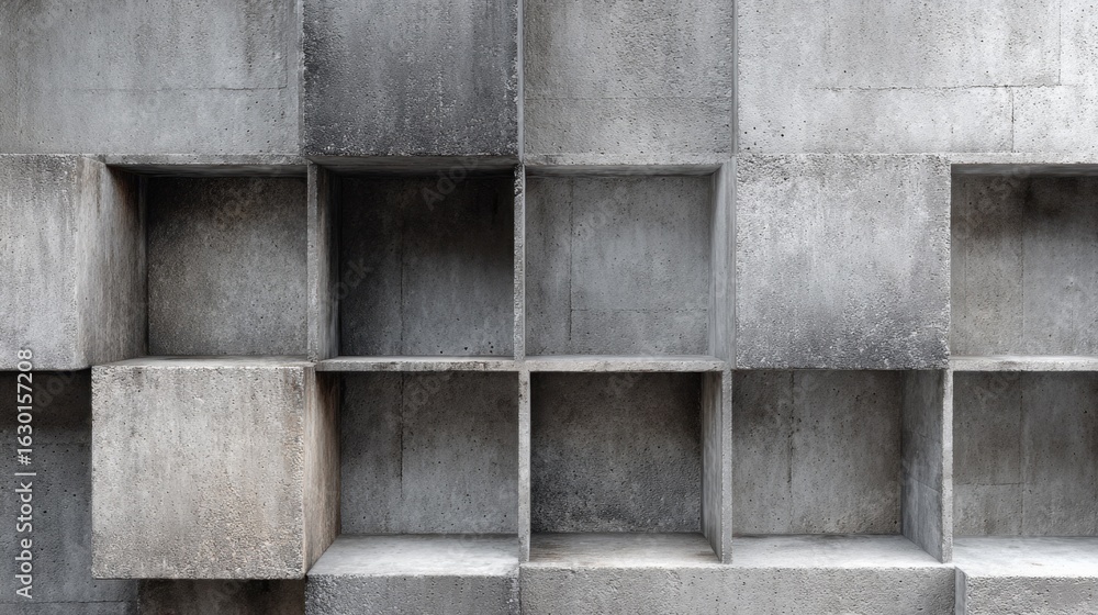 Poster textured concrete wall with geometric cubes and empty spaces