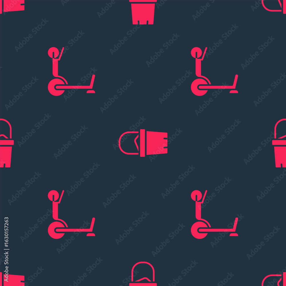 Poster set roller scooter and sand in bucket on seamless pattern. vector