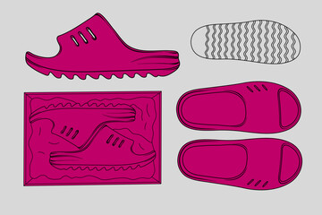 2d illustration of footwear. Outline vector image set. Front, back, top, bottom, side view.