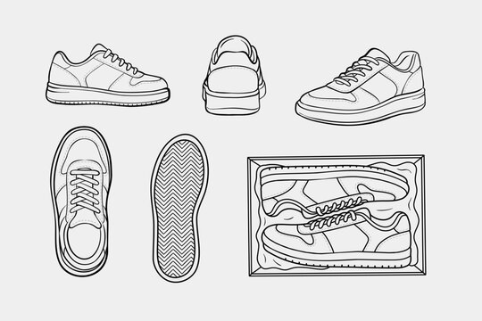 2d illustration of footwear. Outline vector image set. Front, back, top, bottom, side and perspective view.