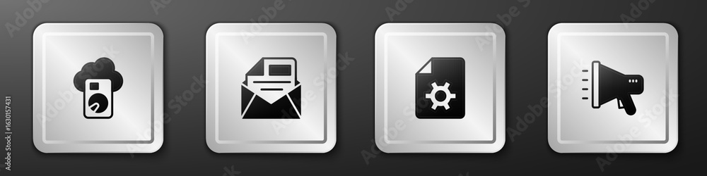 Poster set cloud database, mail and e-mail, document settings and megaphone icon. silver square button. vec