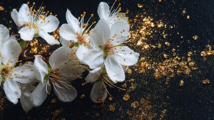 Delicate White Flowers with Golden Sparkles on Dark Background