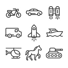 Heroic Vehicle Icons. Outline icon set of hero vehicles: motorcycle, flying car, jetpack, armored truck, spaceship, boat,