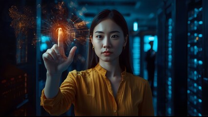 Woman interacting with futuristic digital interface in server room