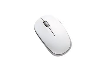 White wireless computer mouse shown at an angle displaying its ergonomic curved shape and scroll button, isolated on a transparent background