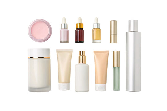 Premium skincare and beauty products including serums, creams, moisturizers, tubes, and bottles in neutral tones, isolated on a transparent background