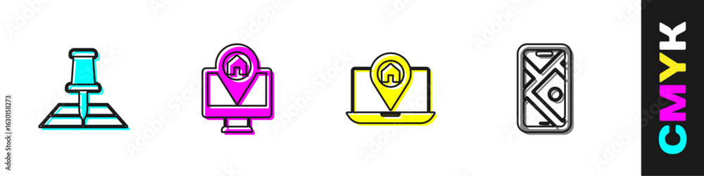 Poster set folded map with location marker, monitor, city navigation and icon. vector