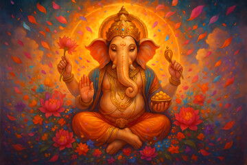 Spiritual painting of the elephant-headed god Ganesha, symbolizing prosperity and devotion.