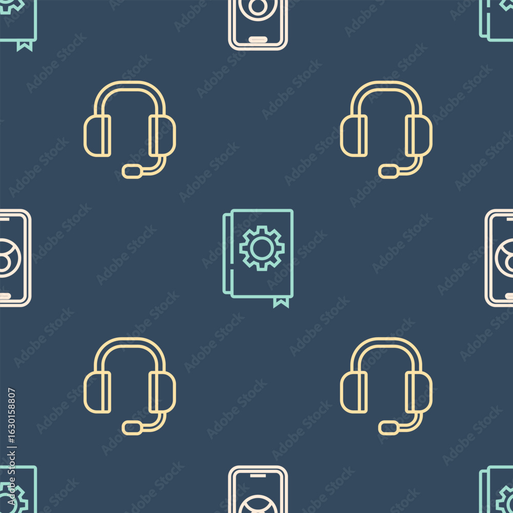 Poster set line telephone 24 hours support, headphones and user manual on seamless pattern. vector