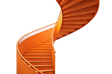 Elegant curved orange spiral staircase with modern railings ascending upward in architectural spiral design, isolated on a transparent background