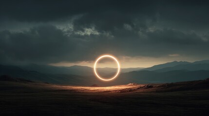 Mysterious Circular Light Over Mountainous Landscape at Dusk