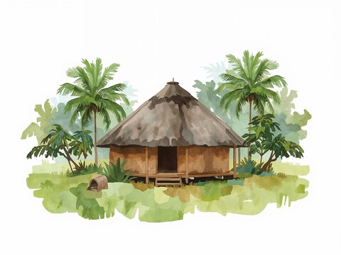 Filipino bahay kubo surrounded by green fields in watercolor painting on plain white background