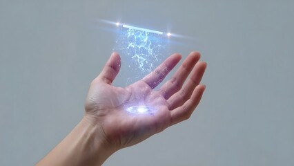Hand holding glowing digital data stream with futuristic interface