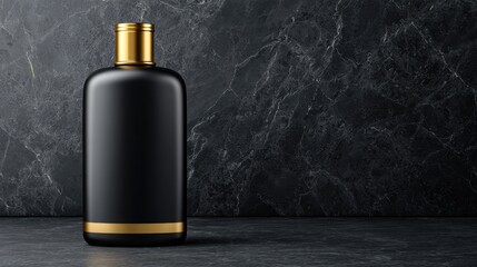 Elegant Black Bottle with Gold Cap on Dark Marble Background