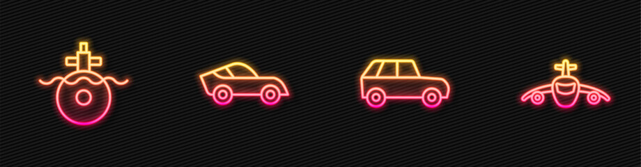 Set line Car, Submarine, and Plane. Glowing neon icon. Vector