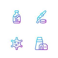 Set line Power station plant, Virus, Medicine bottle and pills and Pipette. Gradient color icons. Vector