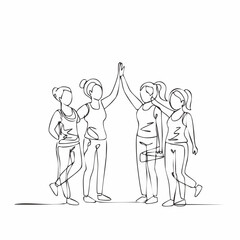 Obraz premium Four diverse women celebrating success with a high five in a minimalist line art illustration depicting teamwork and friendship