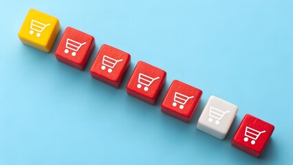 Obraz premium E-Commerce Flow – Diagonal Line of Shopping Cart Keyboard Keys, Business, Conceptual, Strategy, Motivation, Abstract, Light Blue Background