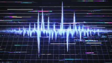 Futuristic blue audio waveform visualization on a dark digital grid with abstract data and glitch effects. - Powered by Adobe