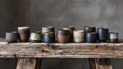 Naklejka premium Rustic Ceramic Cups Arranged on a Weathered Wooden Surface