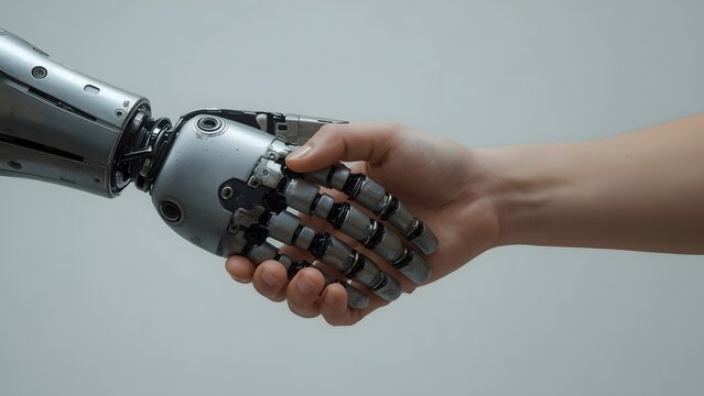 Human and robot shaking hands symbolizing partnership and future technology