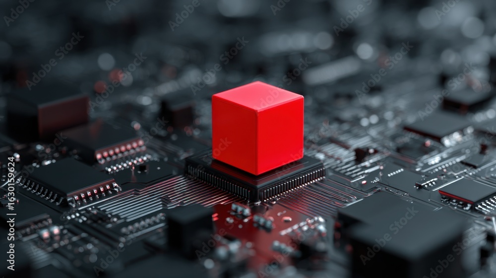 Poster red cube on dark circuit board with microchips and connections