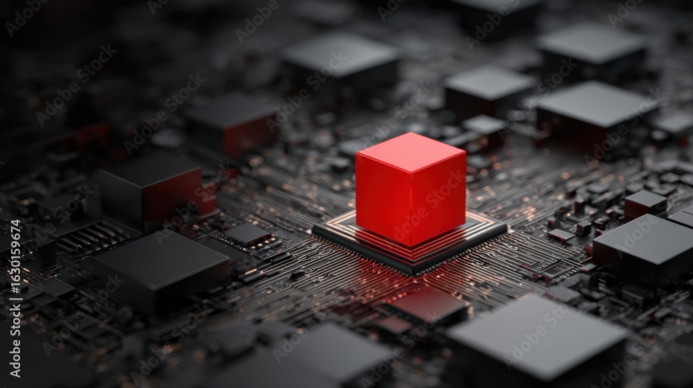 Poster red cube on dark circuit board with black microchips surrounding it