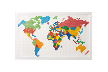 Bright pixel-style world map cross-stitch artwork in white frame with rainbow colors, isolated on a transparent background