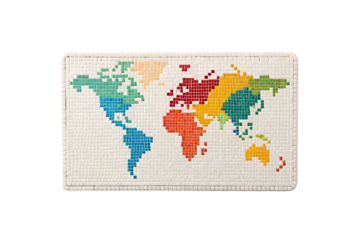 Colorful mosaic world map made of small square tiles showing all continents, isolated on a transparent background