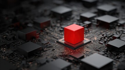 Red Cube on Dark Circuit Board with Black Microchips Surrounding It
