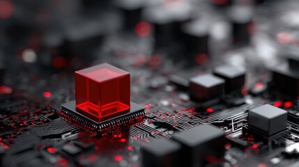 Red Transparent Cube on Black Circuit Board with Glowing Details