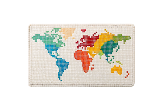 Colorful mosaic world map made of small square tiles showing all continents, isolated on a transparent background